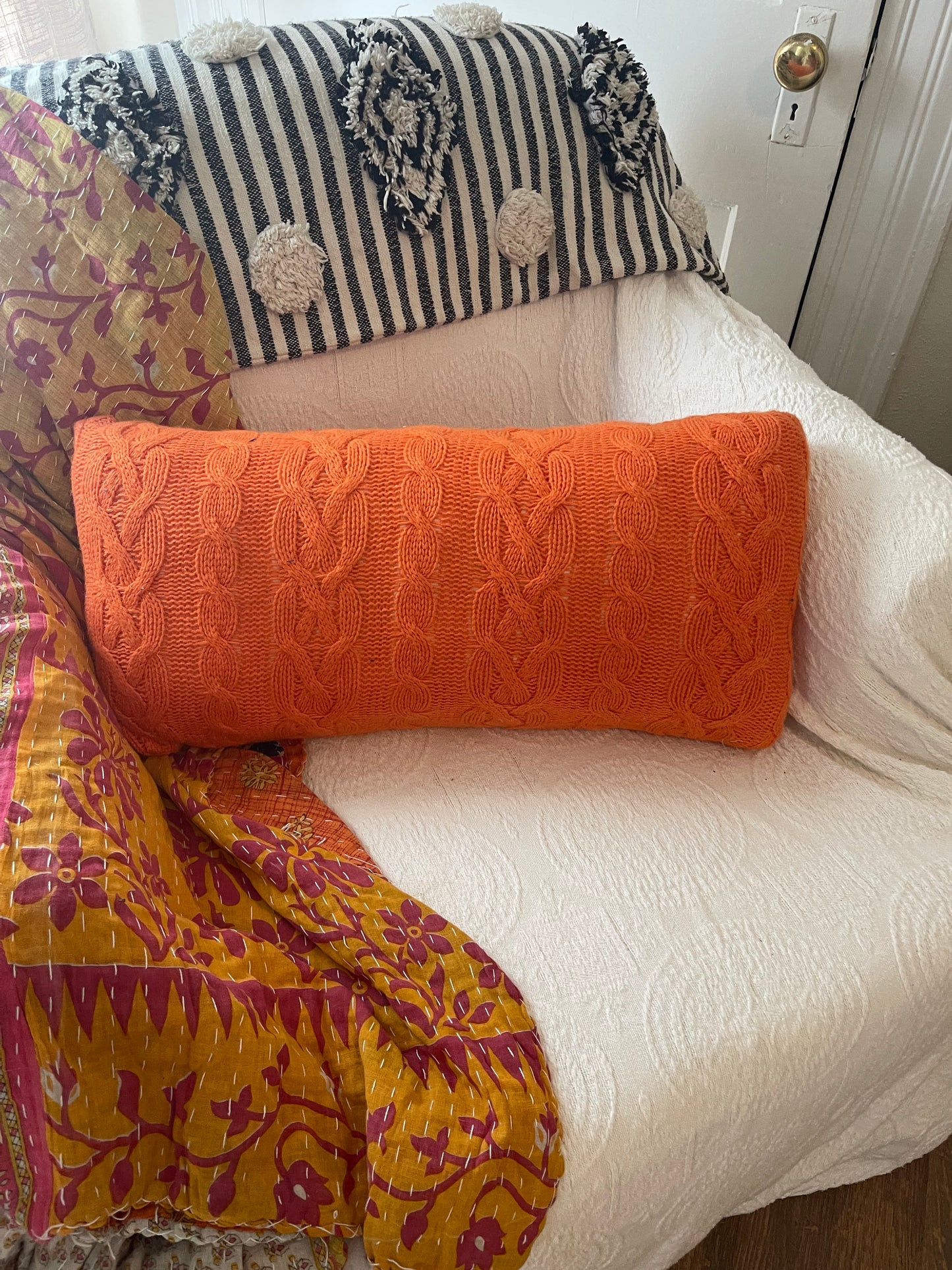 orange sweater pillow, orange lumbar pillow
