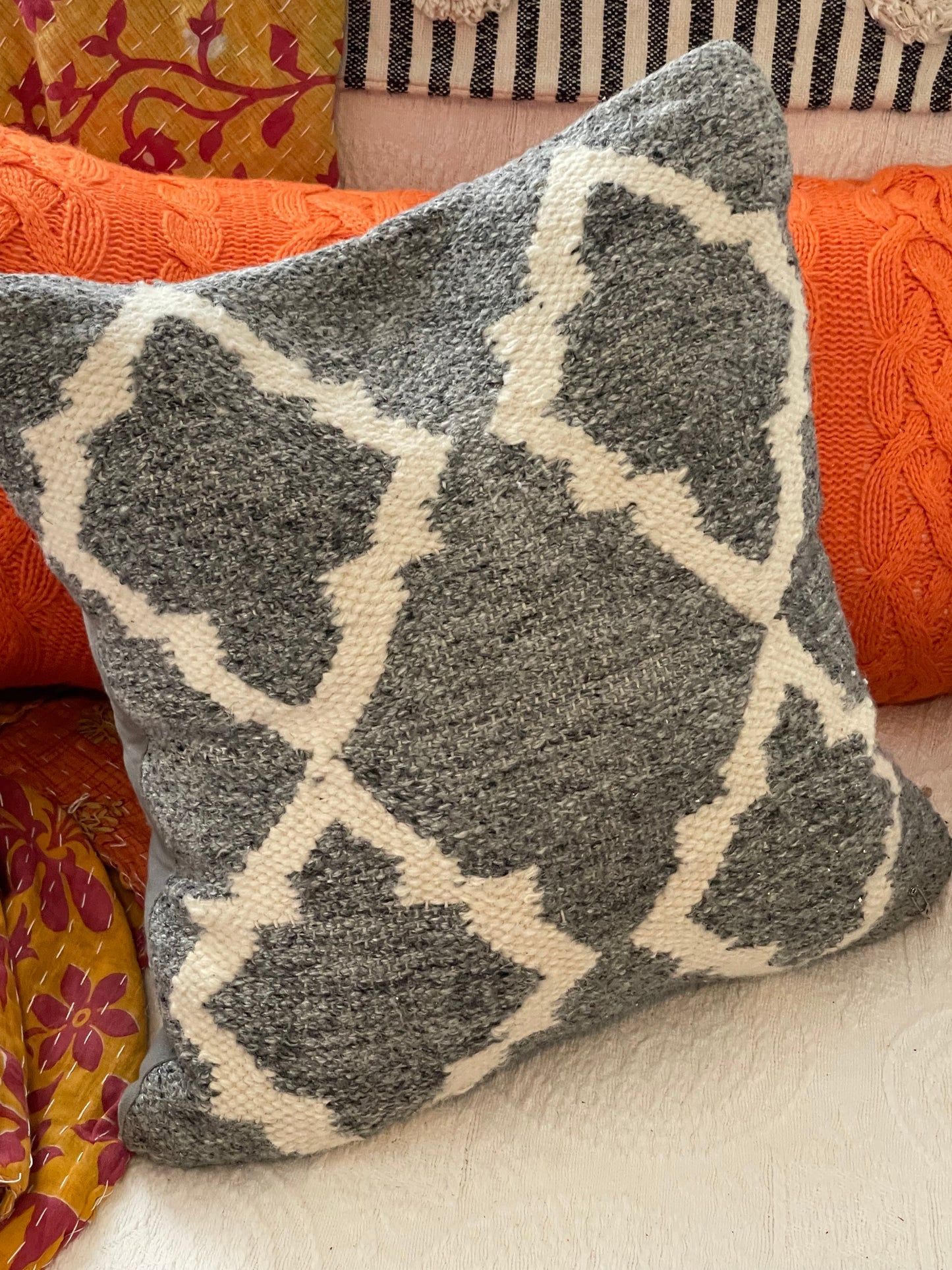 Grey wool pillow, hand looped vintage pillow