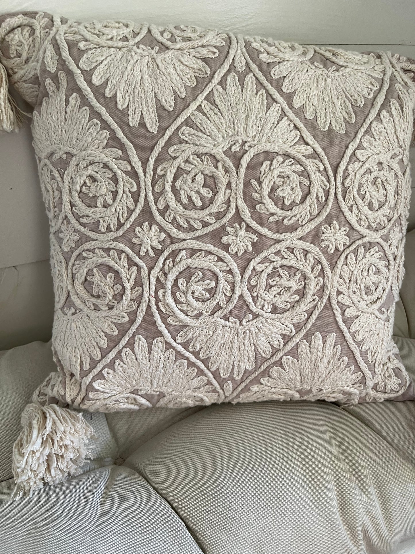 Chennile embroidered pillow, boho style eclectic pillow