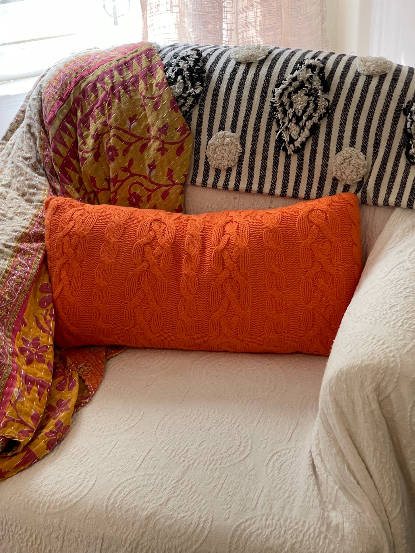 orange sweater pillow, orange lumbar pillow