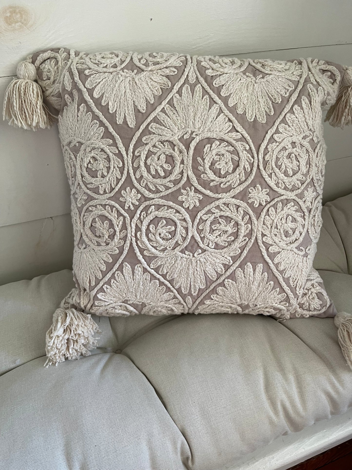 Chennile embroidered pillow, boho style eclectic pillow