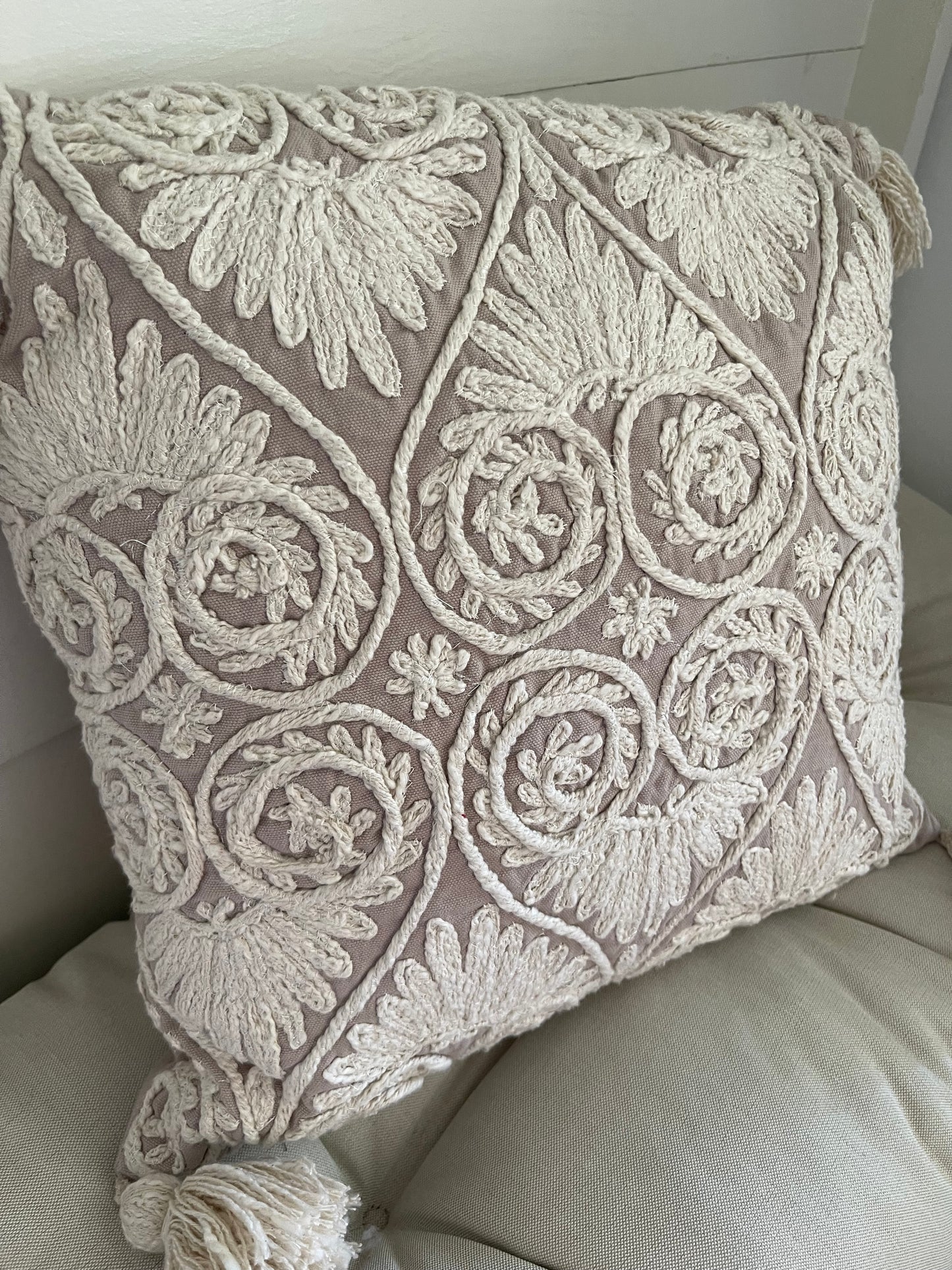 Chennile embroidered pillow, boho style eclectic pillow