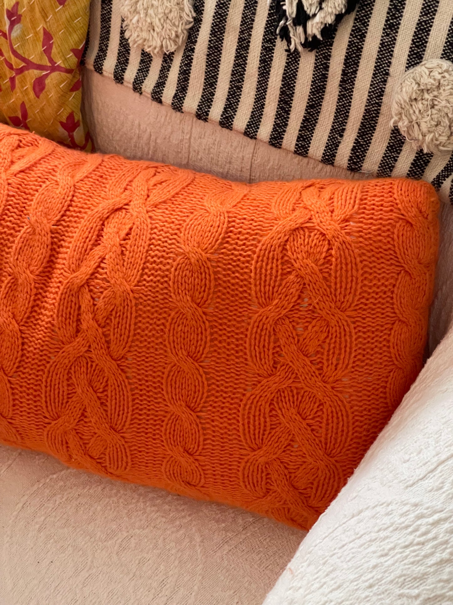 orange sweater pillow, orange lumbar pillow