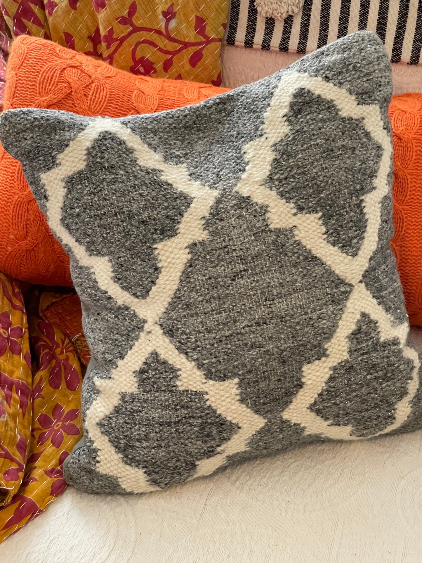 Grey wool pillow, hand looped vintage pillow