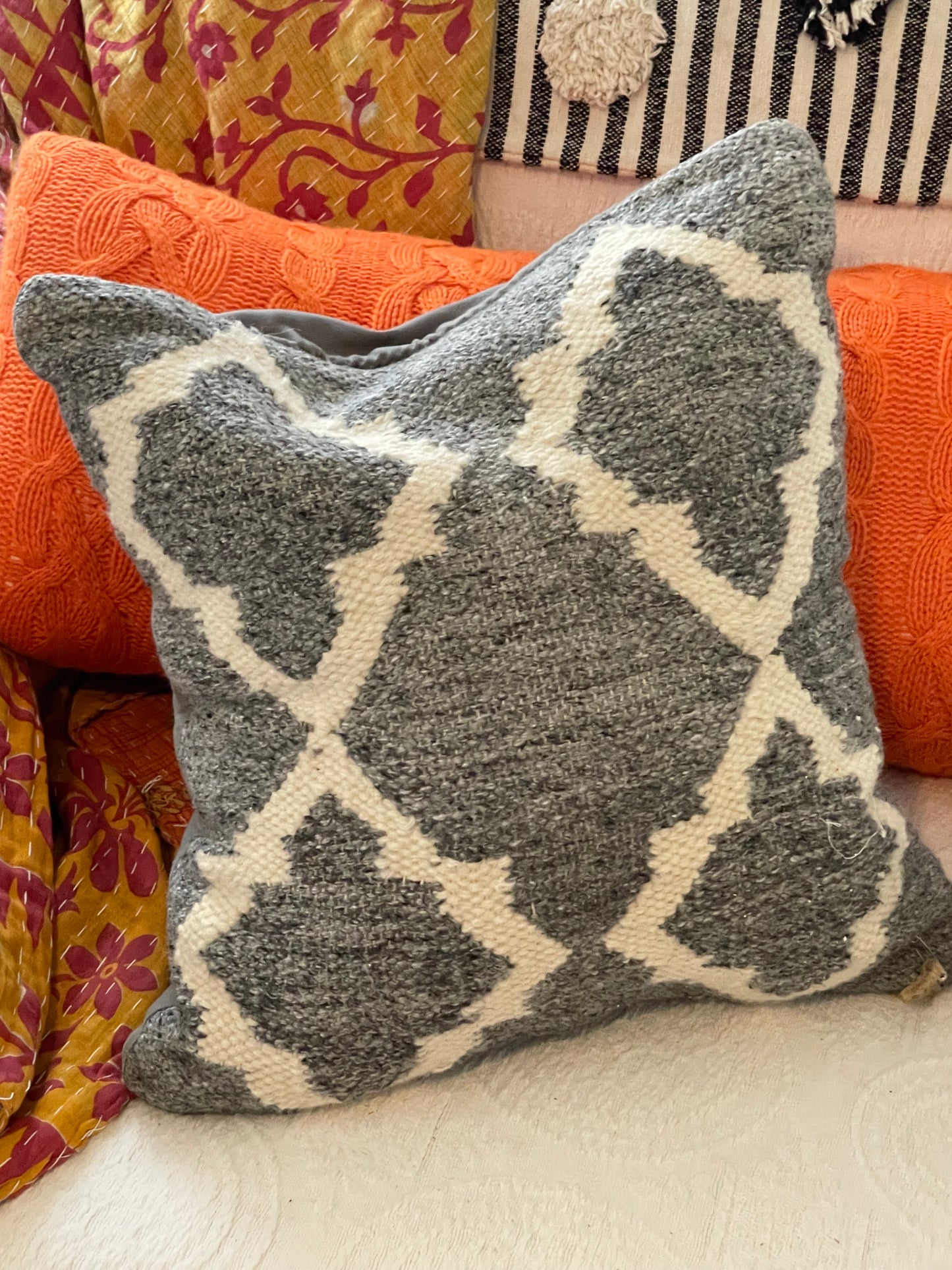 Grey wool pillow, hand looped vintage pillow