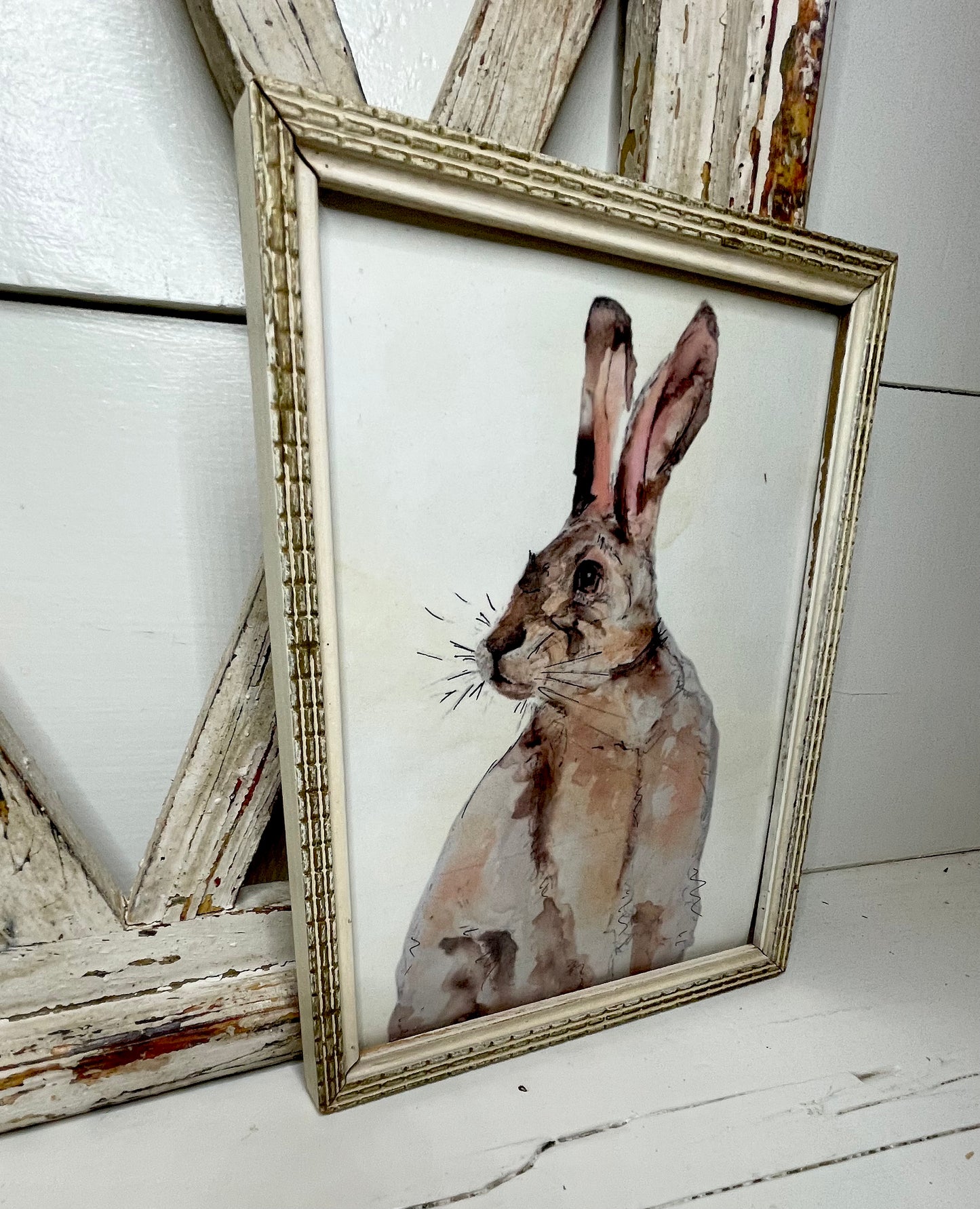 Vintage framed bunny print, rabbit watercolor