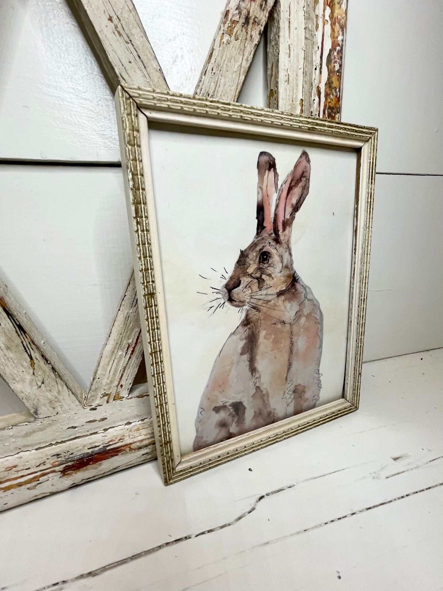 Vintage framed bunny print, rabbit watercolor