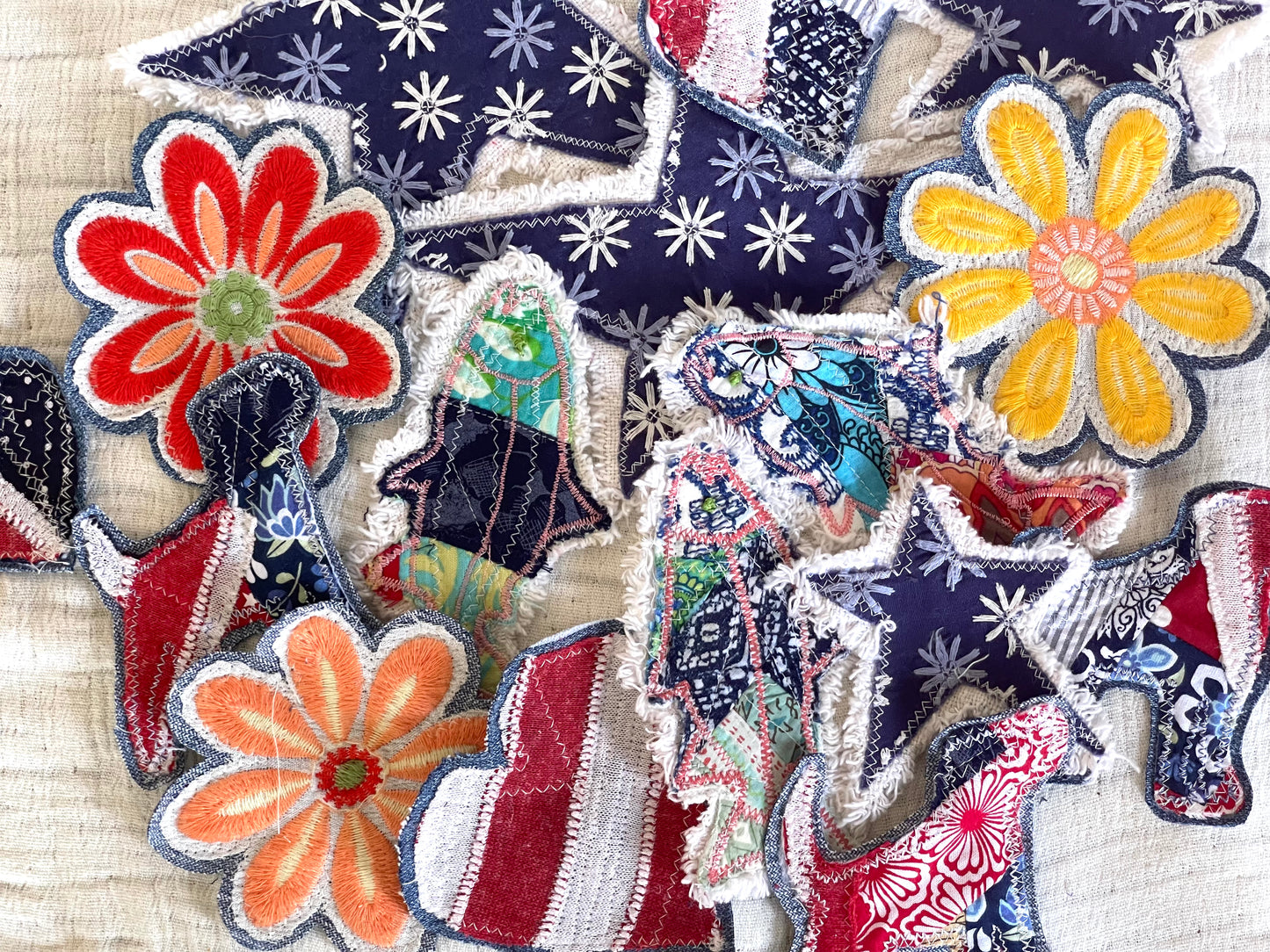 Patriotic denim applique, red white and blue fish applique patch, upcycled denim embellishments DIY upcycled denim supplies