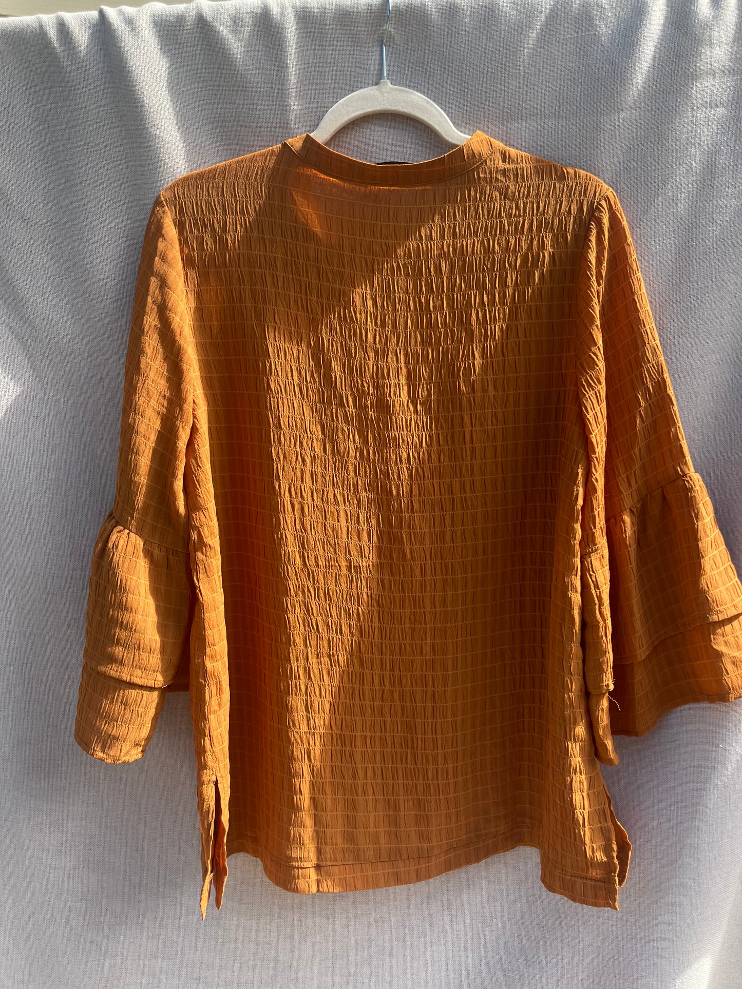 Fall casual top, bell sleeve textured shirt