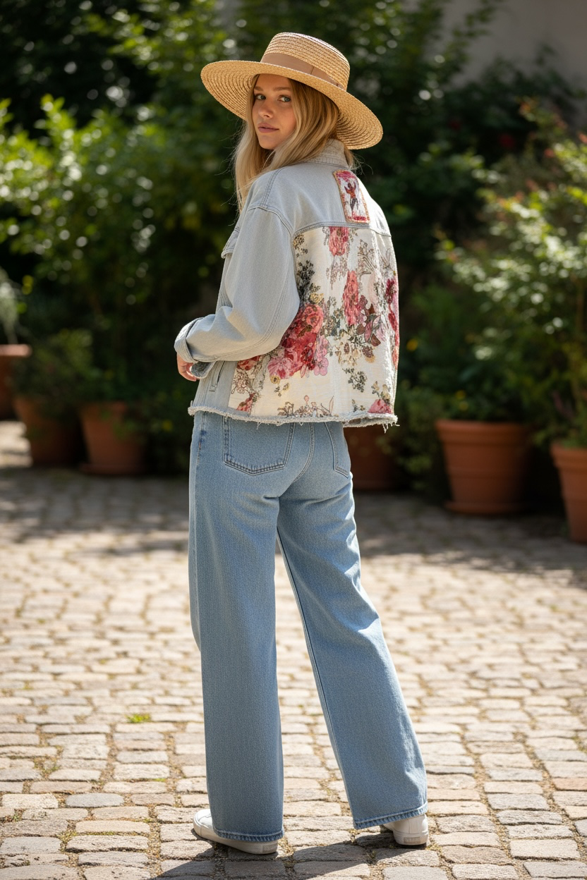 Upcycled Jean jacket, floral jacket, fabric art jacket remade