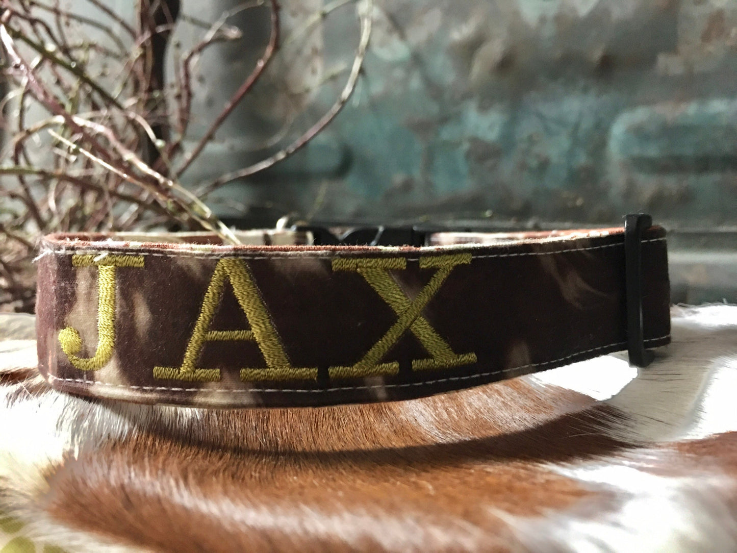 Monogrammed Dog Collar, cowhide print dog collar, personalized dog collar.
