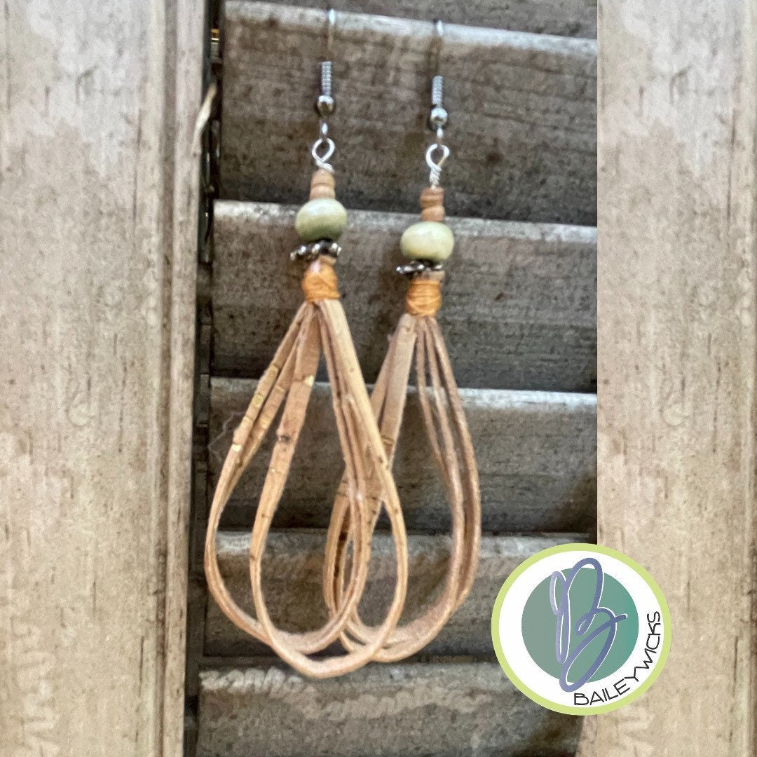 Boho earrings, dangle drop cork earrings.