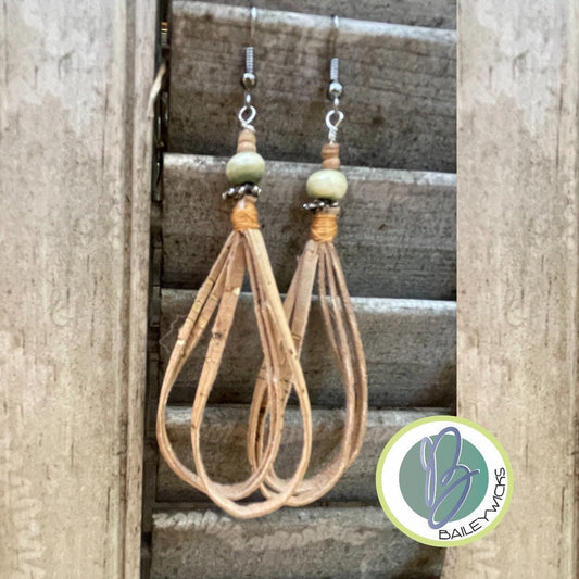 Boho earrings, dangle drop cork earrings.