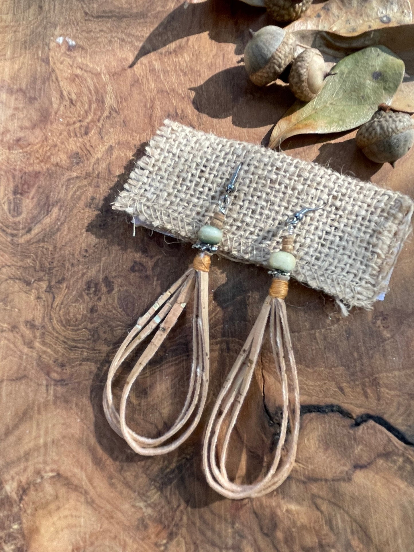Boho earrings, dangle drop cork earrings.