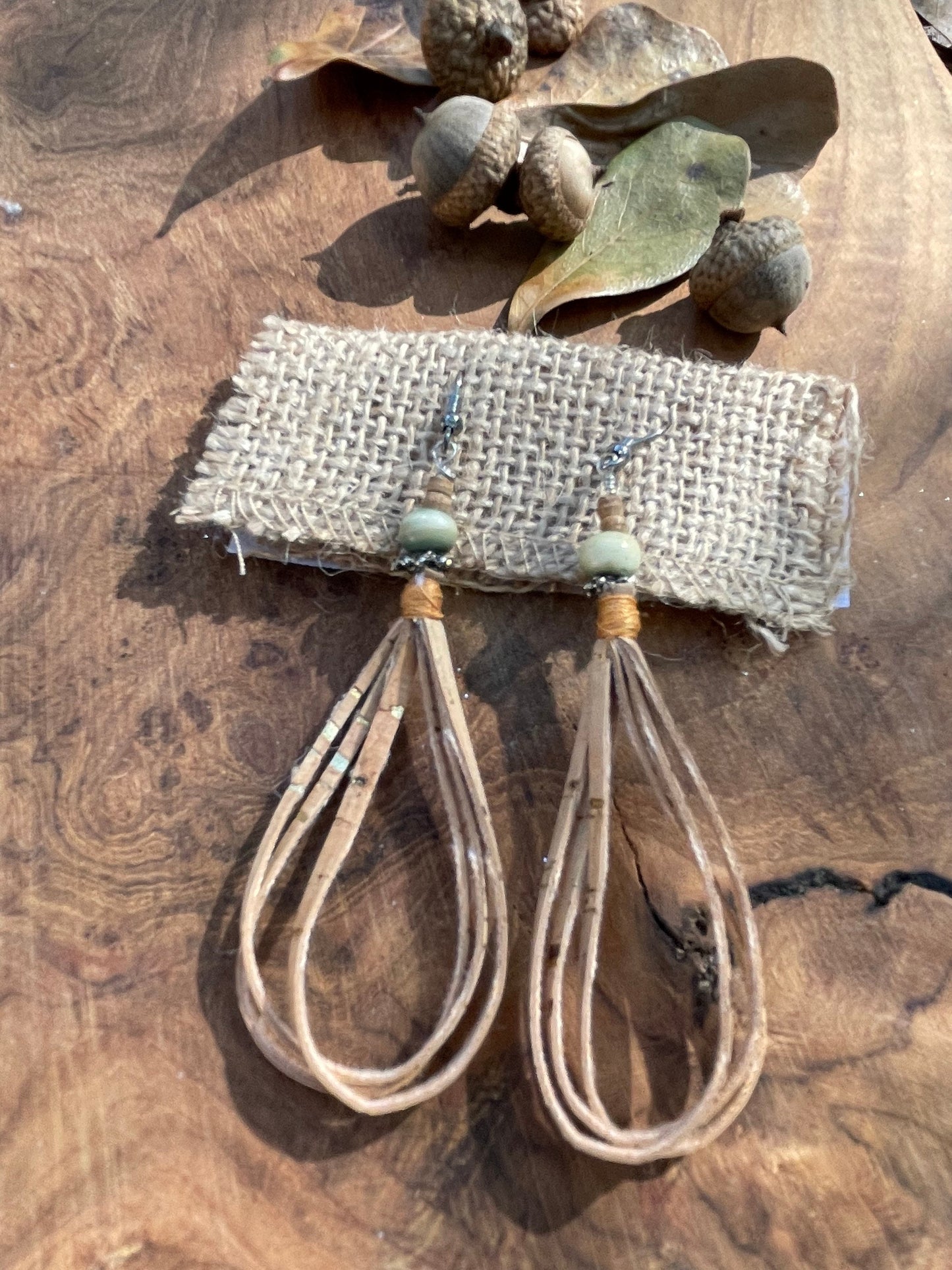 Boho earrings, dangle drop cork earrings.