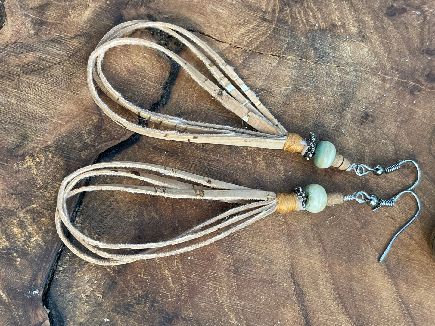 Boho earrings, dangle drop cork earrings.
