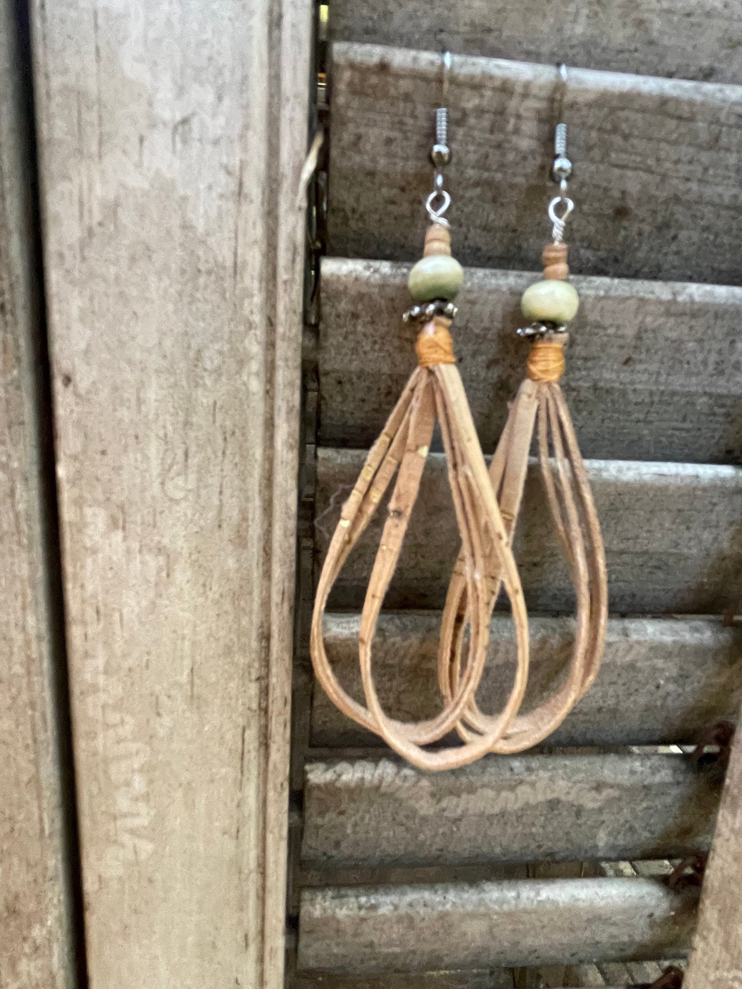 Boho earrings, dangle drop cork earrings.