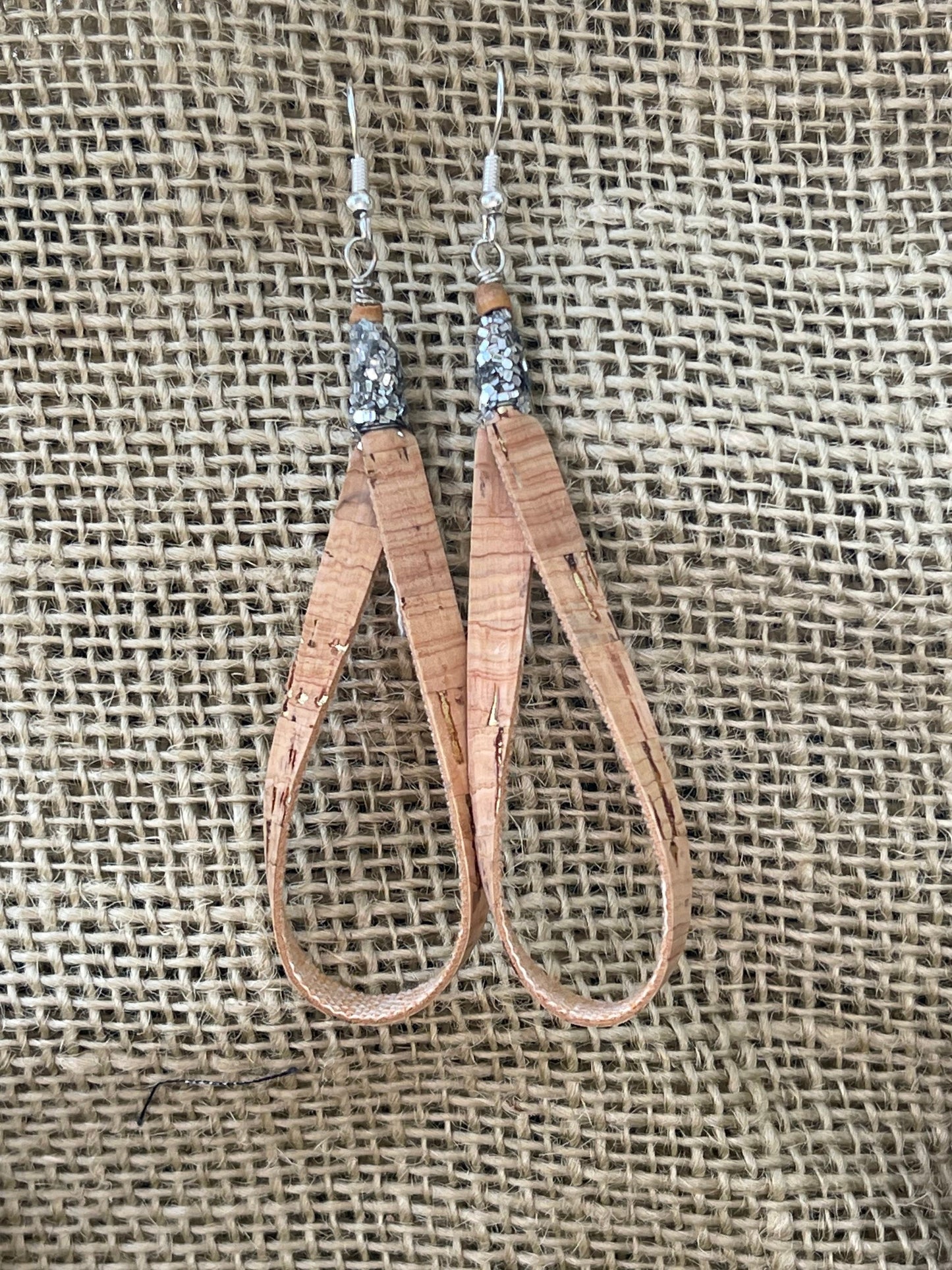 Boho glitter earrings, dangle drop cork earrings.