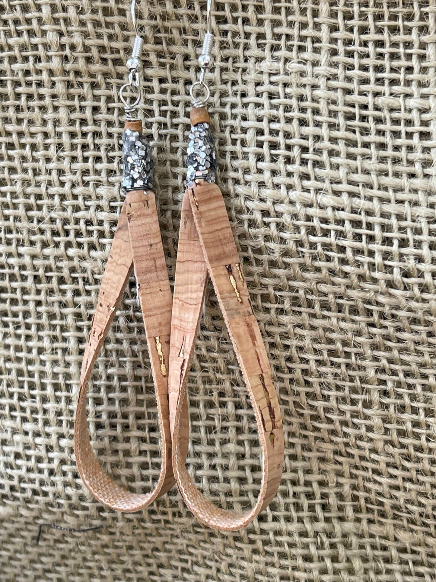 Boho glitter earrings, dangle drop cork earrings.