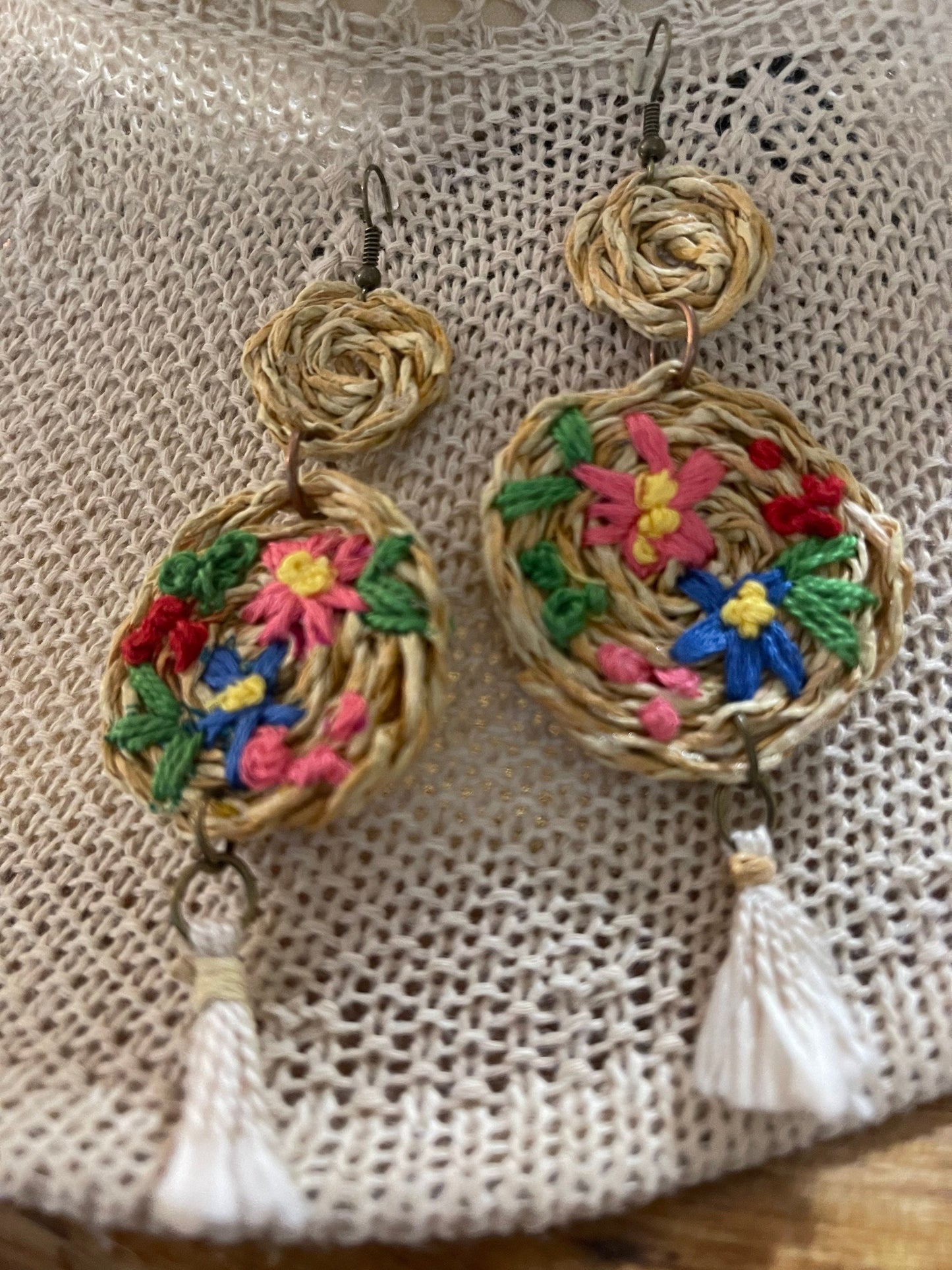 Rattan embroidered earrings, bohemian styled earrings, floral embroidered earrings