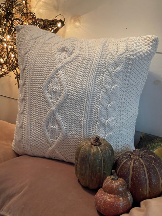 Sweater pillow, cream cable knit pillow, upcycled pillow