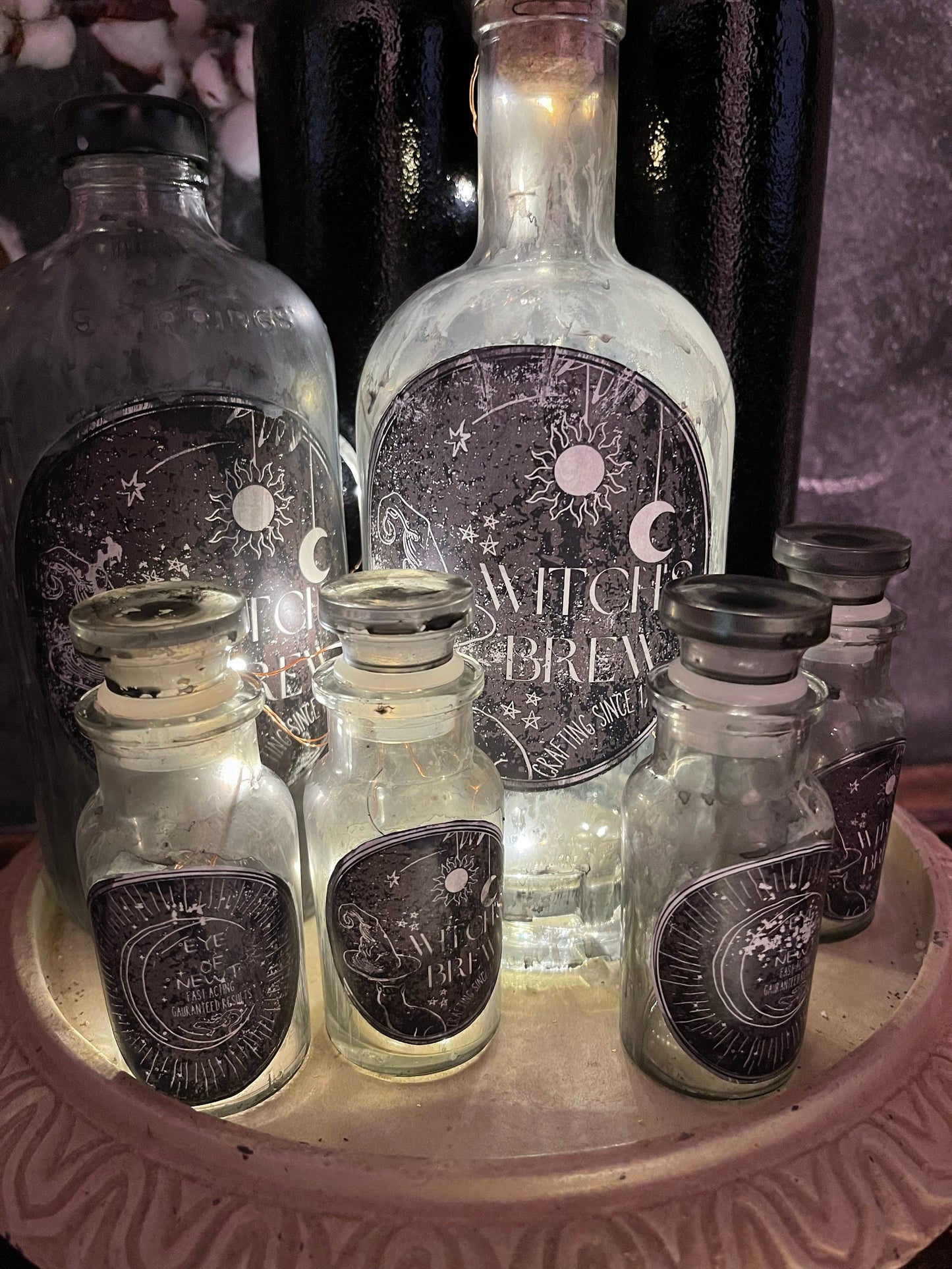 halloween bottle, Magic potion bottle, Witches brew bottle,Spider venom bottle, eye of newt bottle, Lighted bottle.