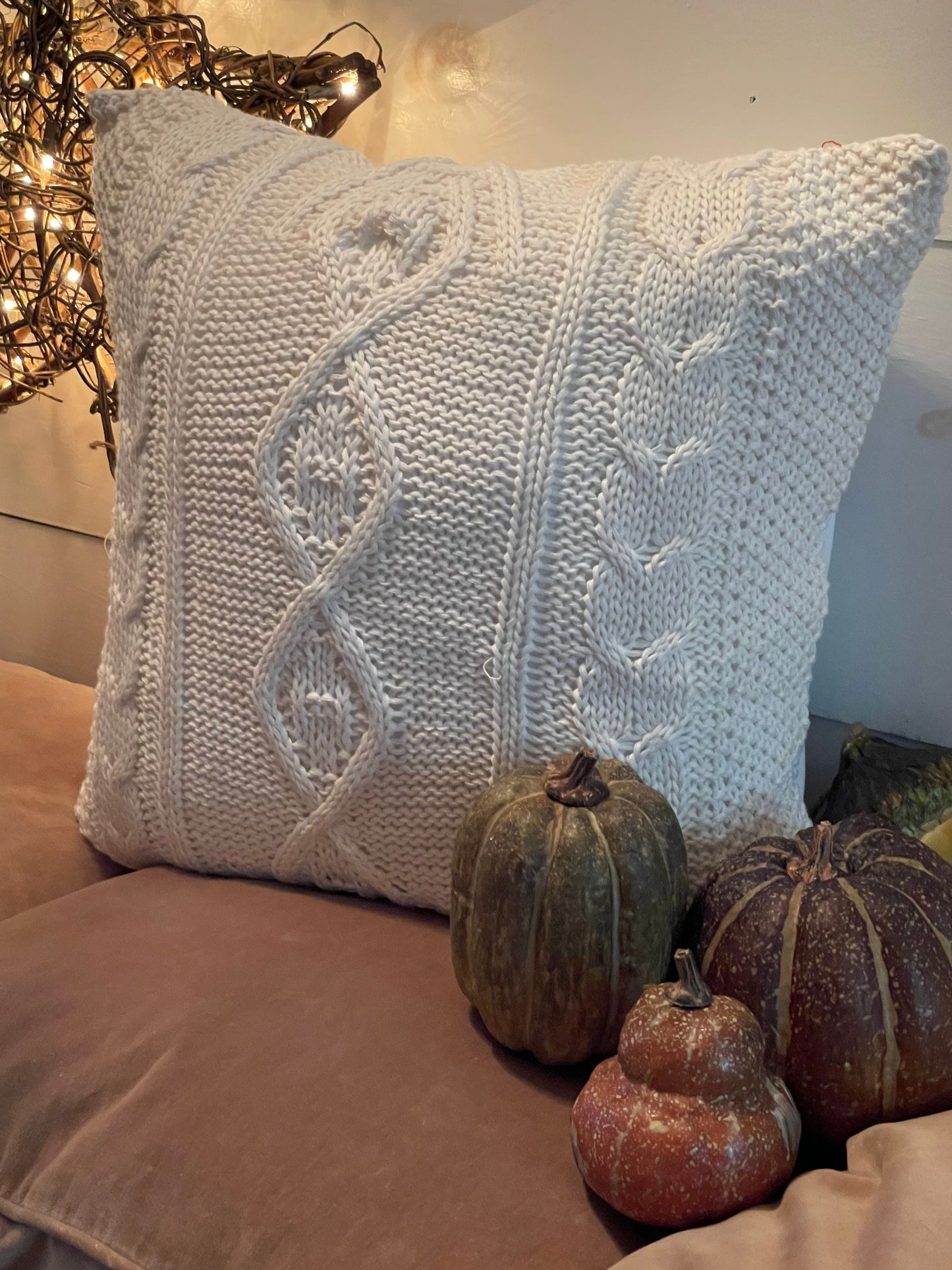 Sweater pillow, cream cable knit pillow, upcycled pillow