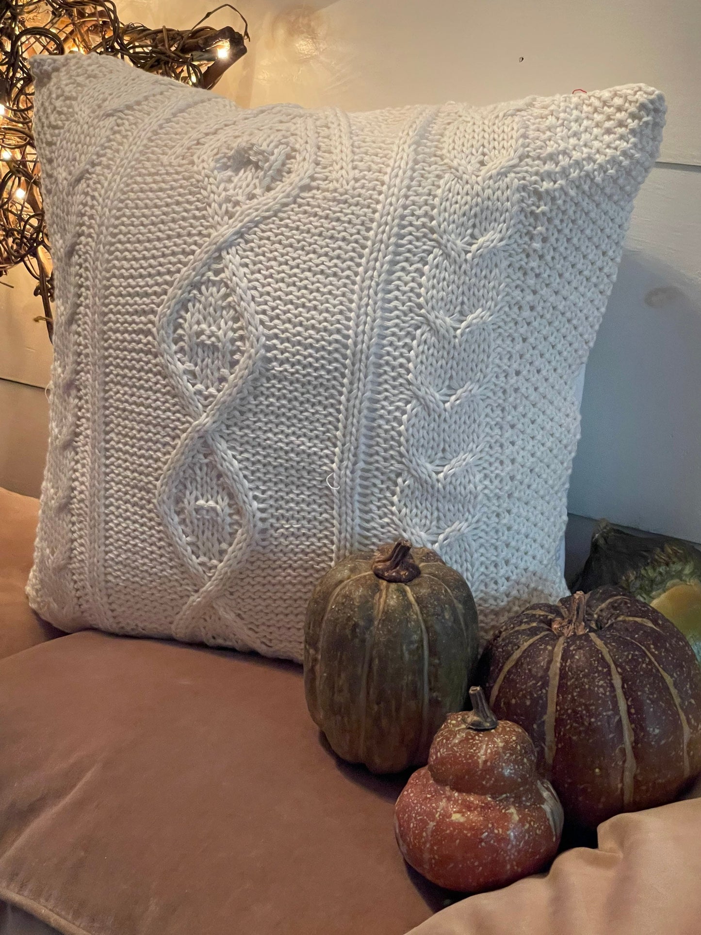 Sweater pillow, cream cable knit pillow, upcycled pillow