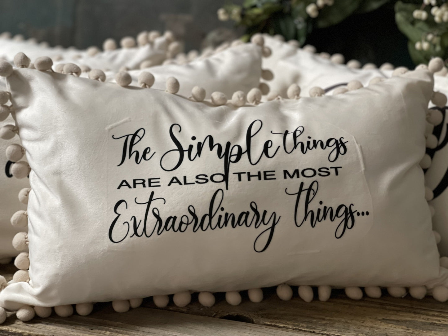 personalized cream pom pom pillow