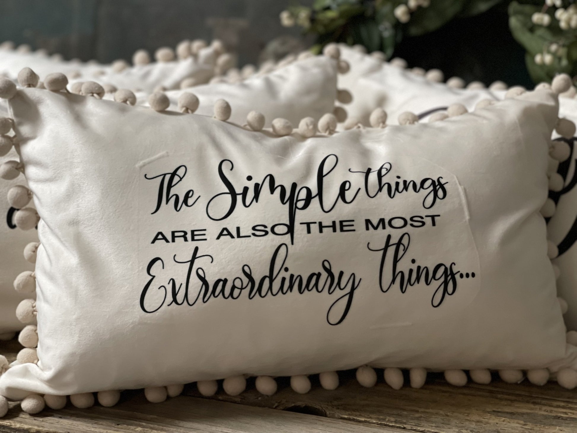 personalized cream pom pom pillow