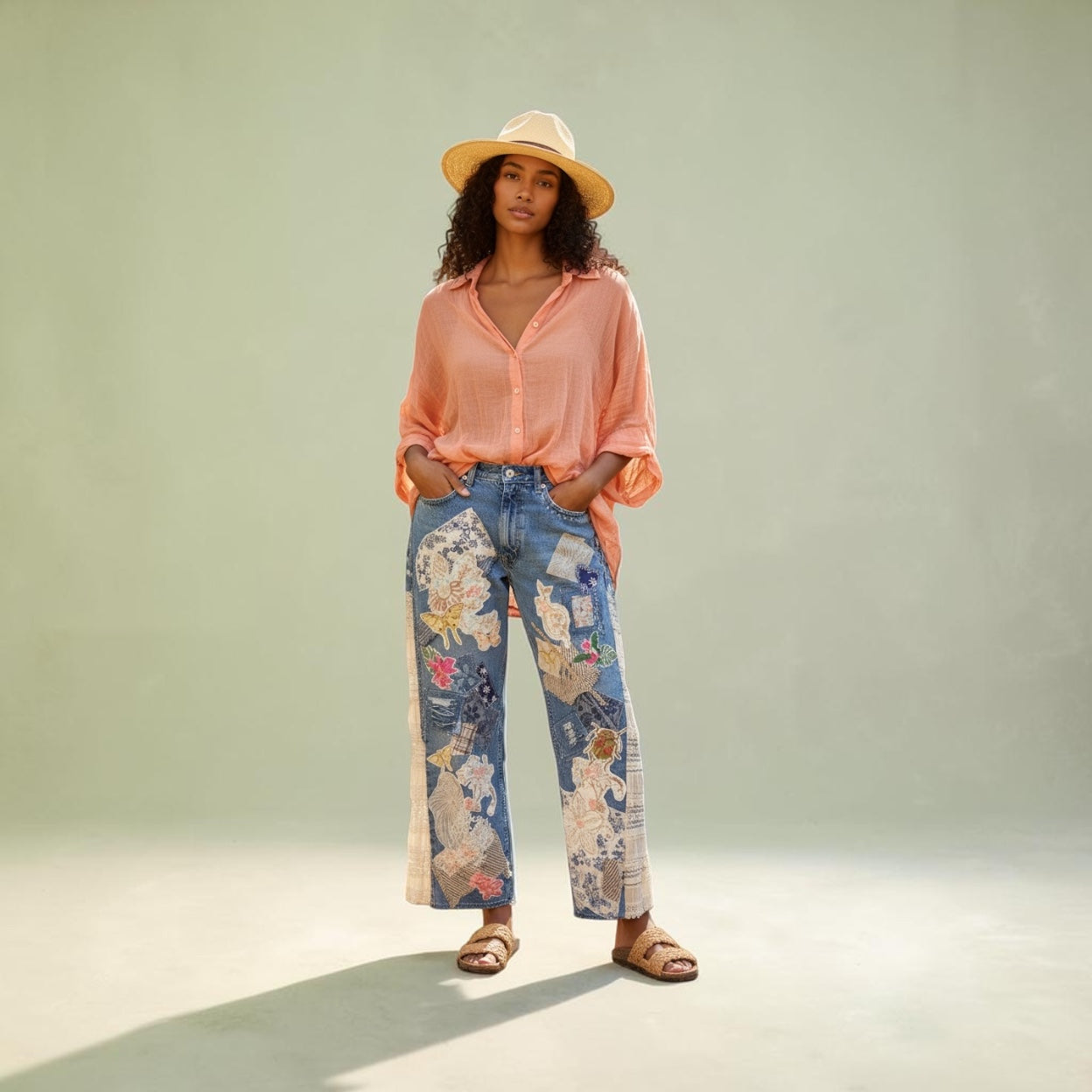 Patchwork upcycled denim jeans, boho hippie style distressed denim, front and frayed jeans