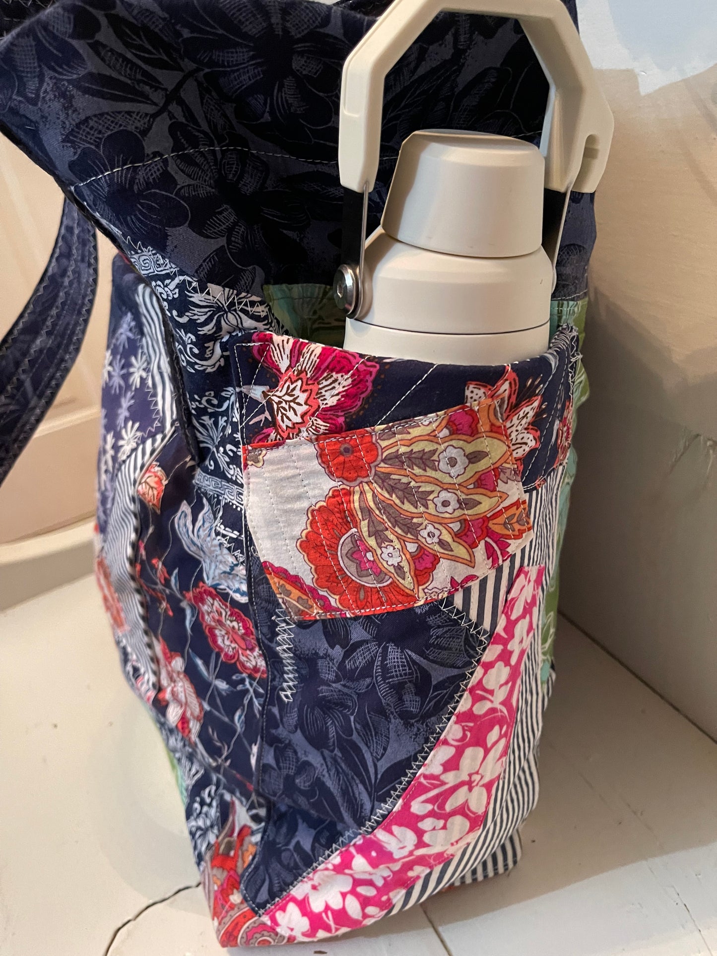 Patchwork tote bag, upcycled fabric tote bag, navy patterned, quilted tote