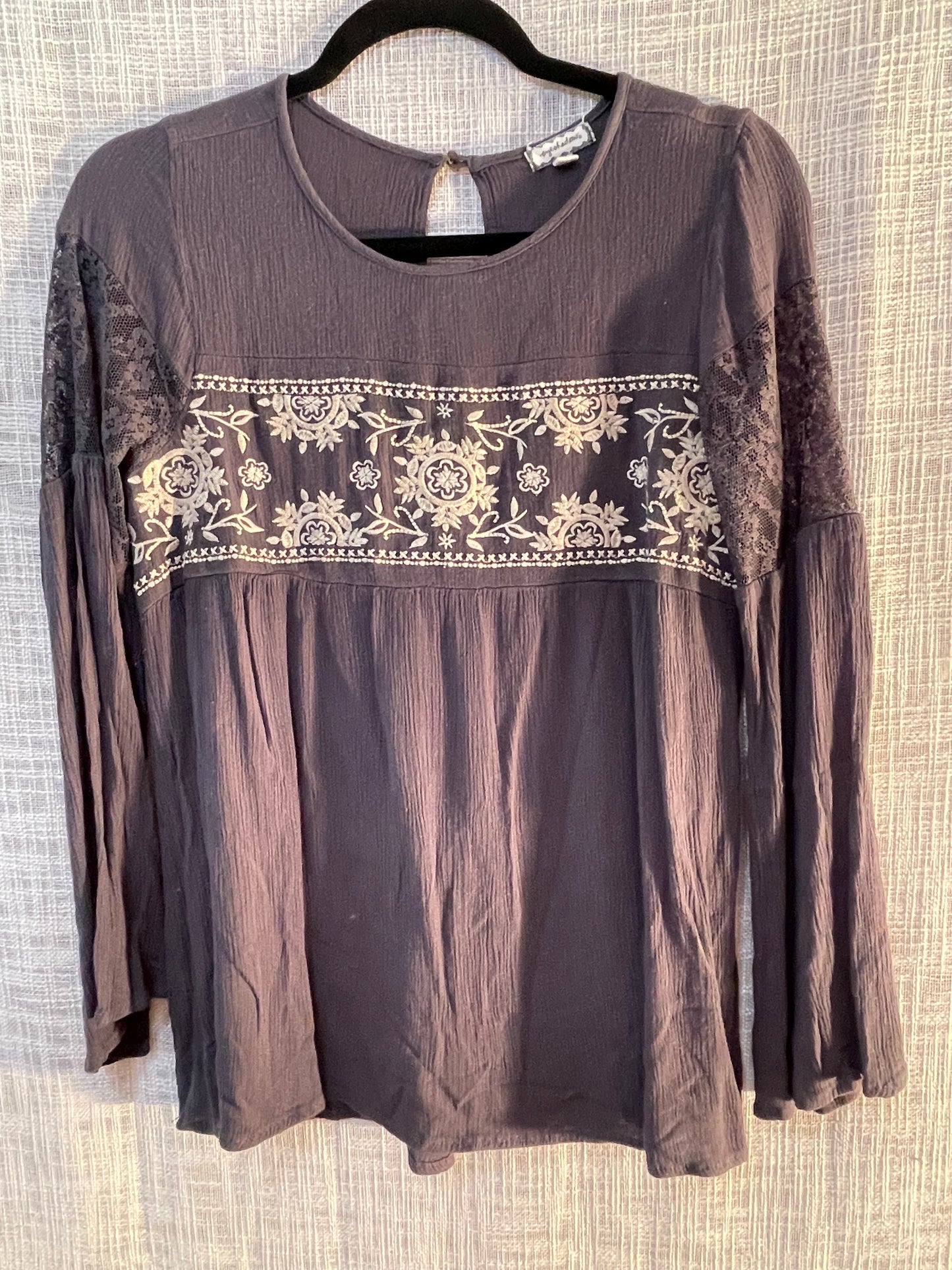 Prairie top, tiered flowy top, black and cream print top