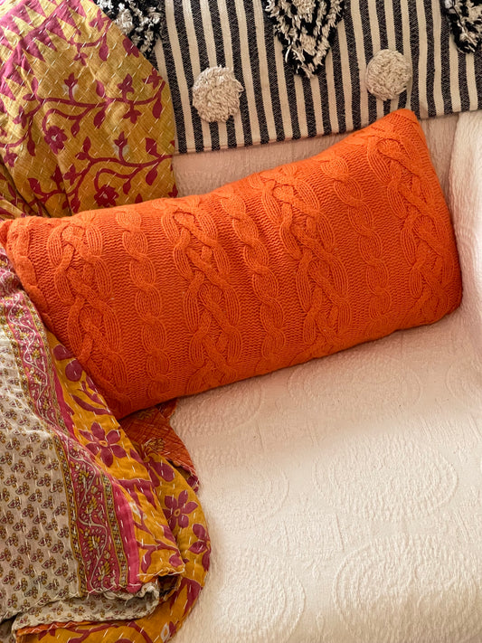 orange sweater pillow, orange lumbar pillow
