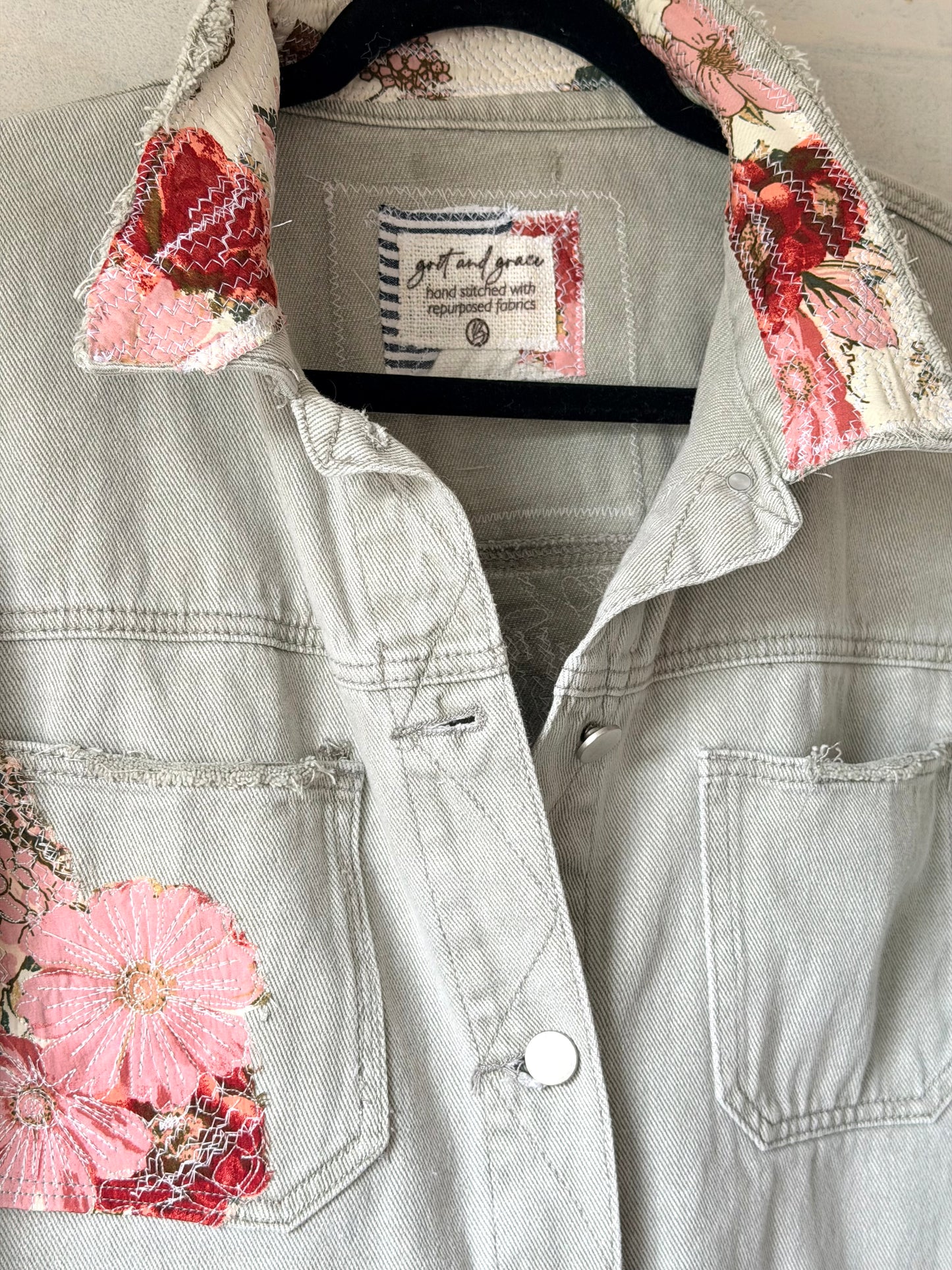Upcycled Jean jacket, floral jacket, fabric art jacket remade