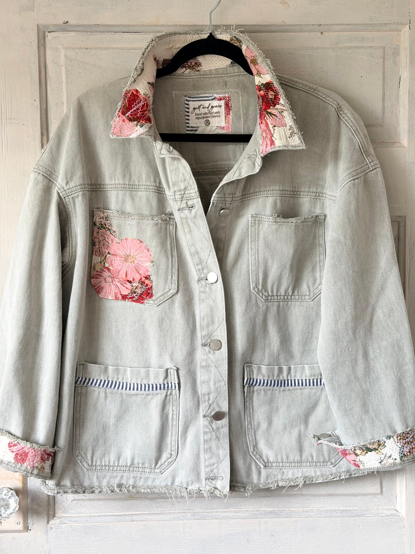 Upcycled Jean jacket, floral jacket, fabric art jacket remade