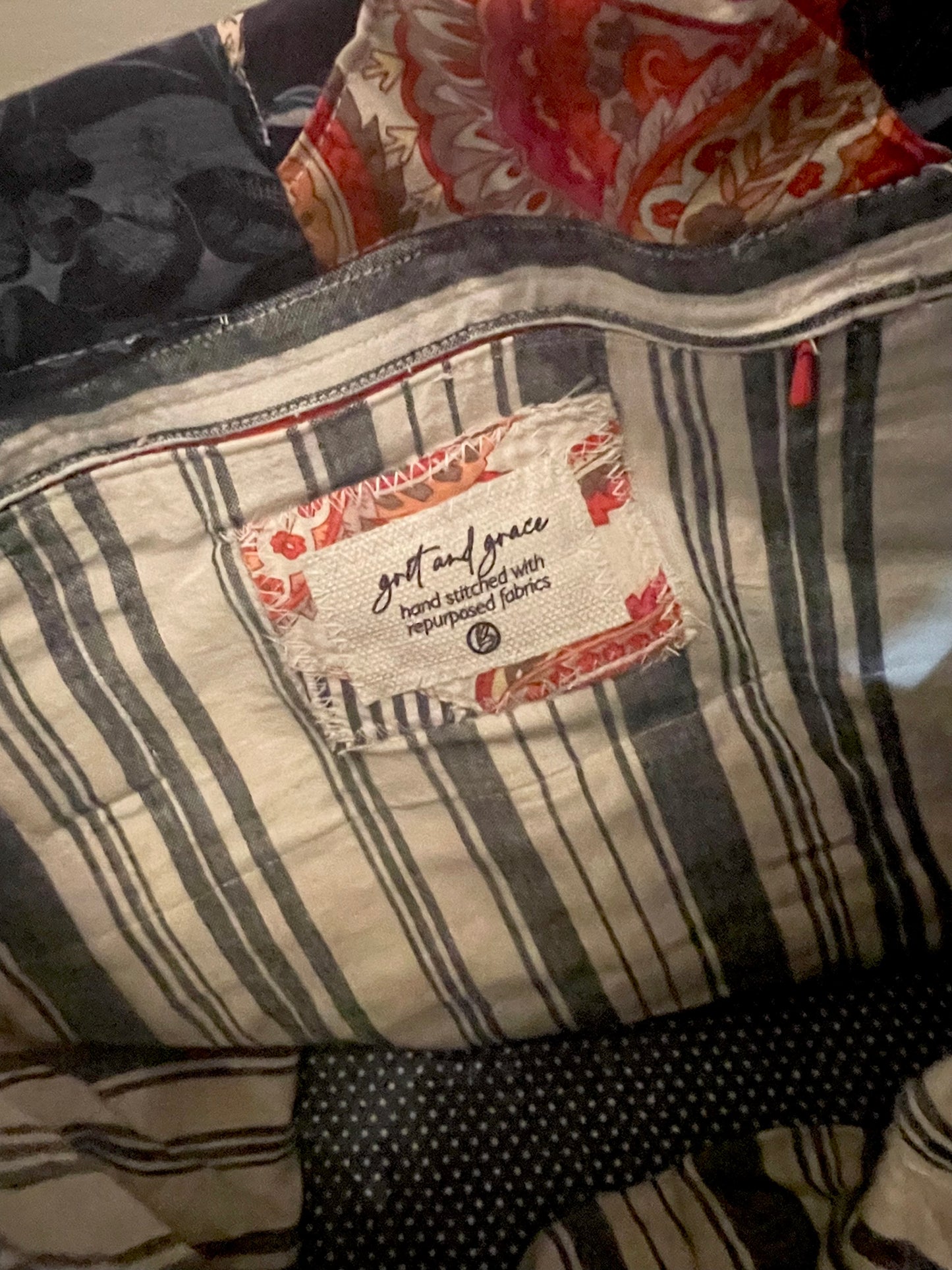 Patchwork tote bag, upcycled fabric tote bag, navy patterned, quilted tote