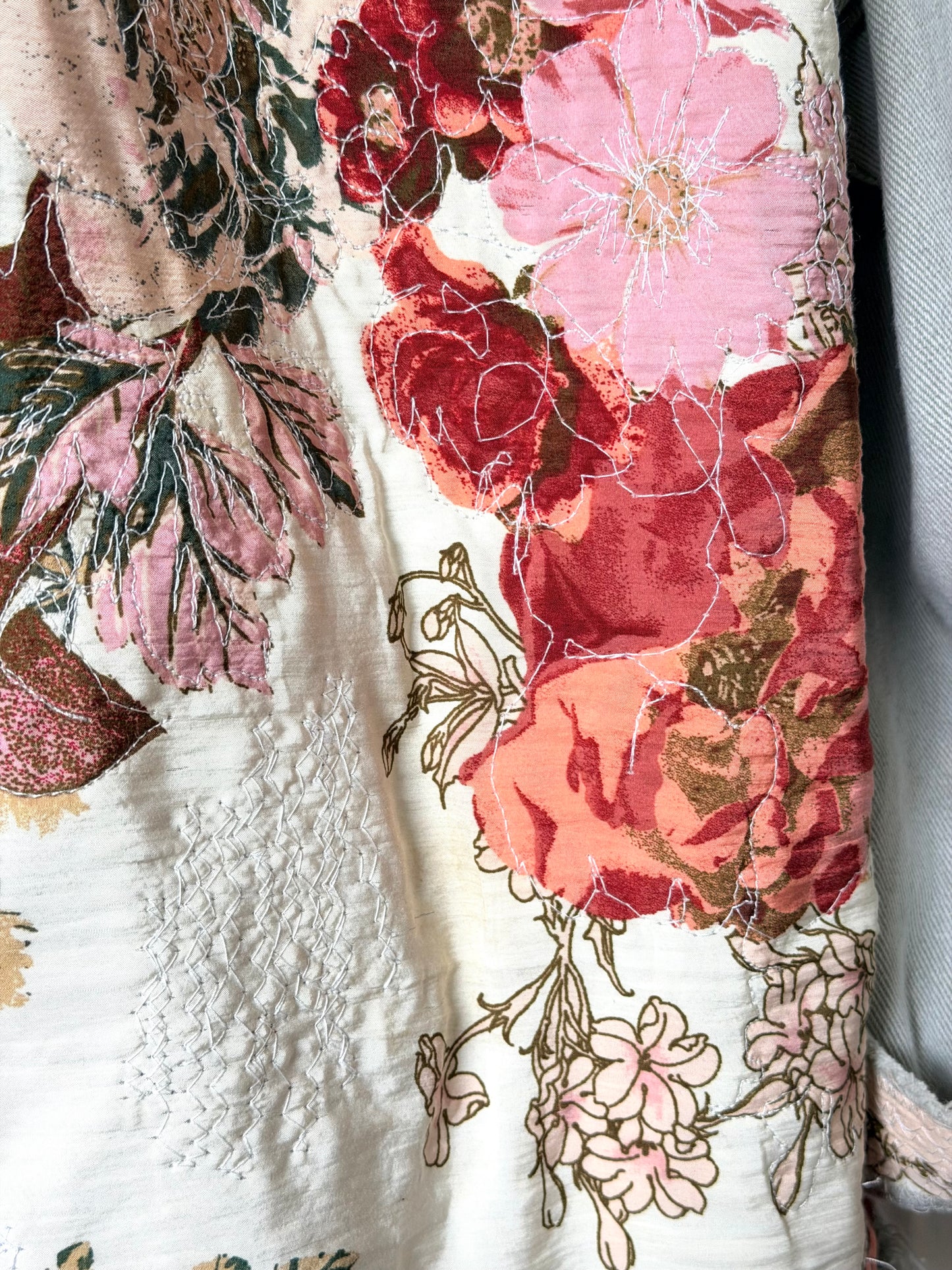 Upcycled Jean jacket, floral jacket, fabric art jacket remade
