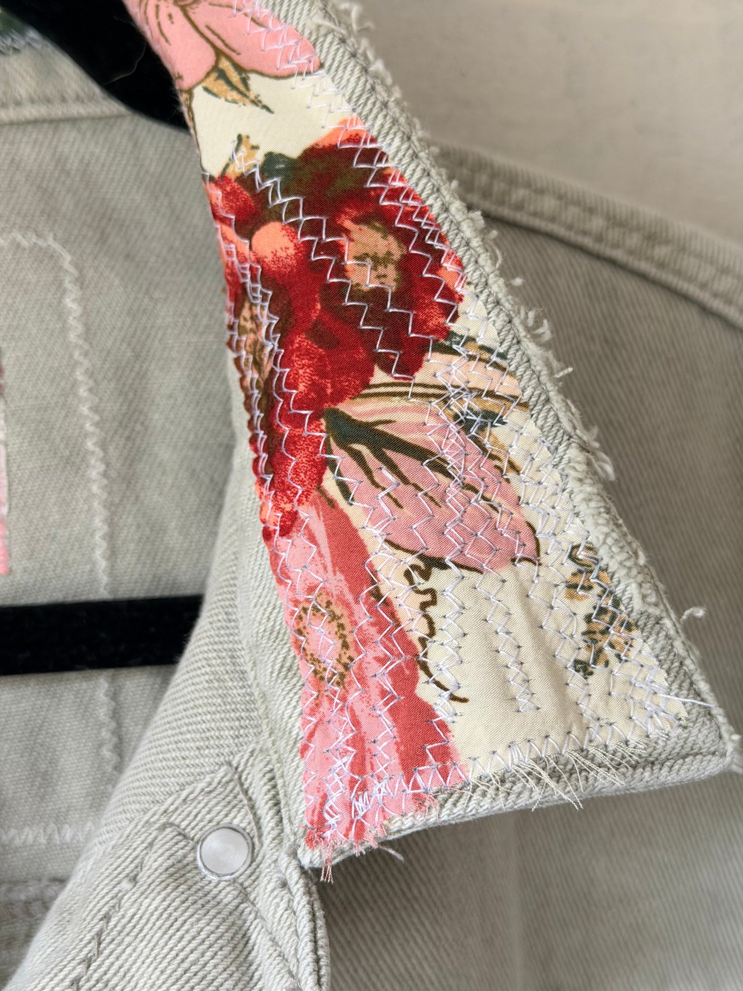 Upcycled Jean jacket, floral jacket, fabric art jacket remade