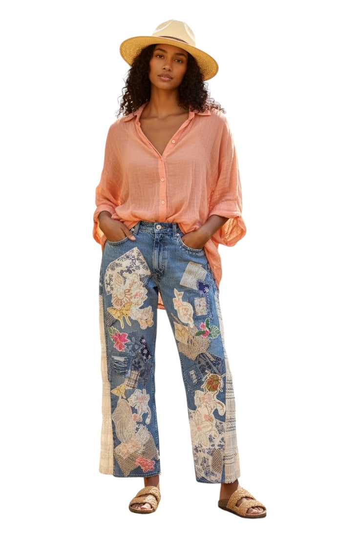 Patchwork upcycled denim jeans, boho hippie style distressed denim, front and frayed jeans