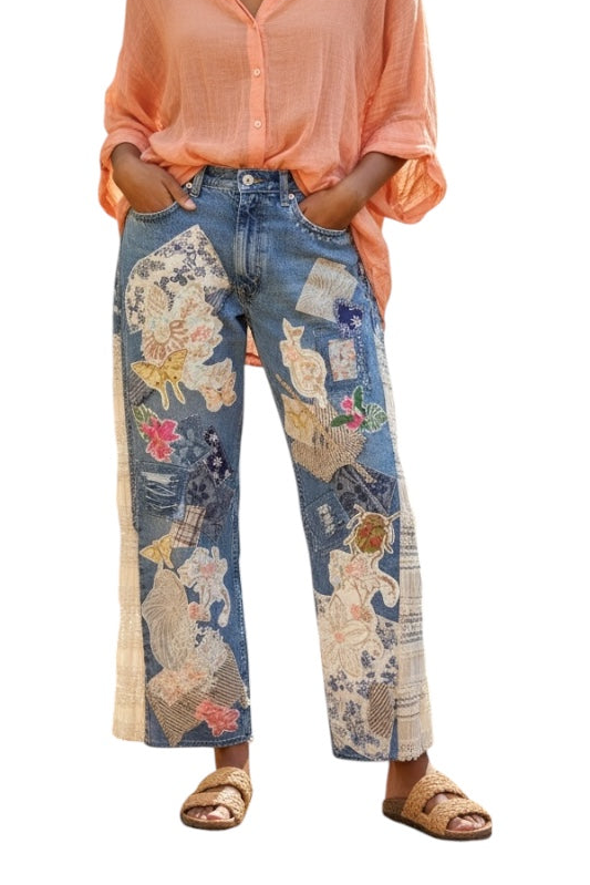 Patchwork upcycled denim jeans, boho hippie style distressed denim, front and frayed jeans