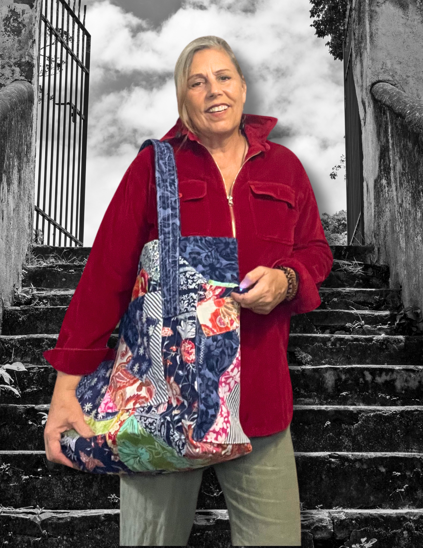 Patchwork tote bag, upcycled fabric tote bag, navy patterned, quilted tote