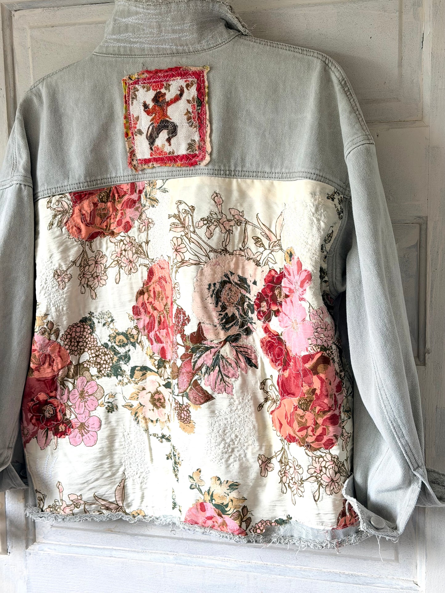 Upcycled Jean jacket, floral jacket, fabric art jacket remade