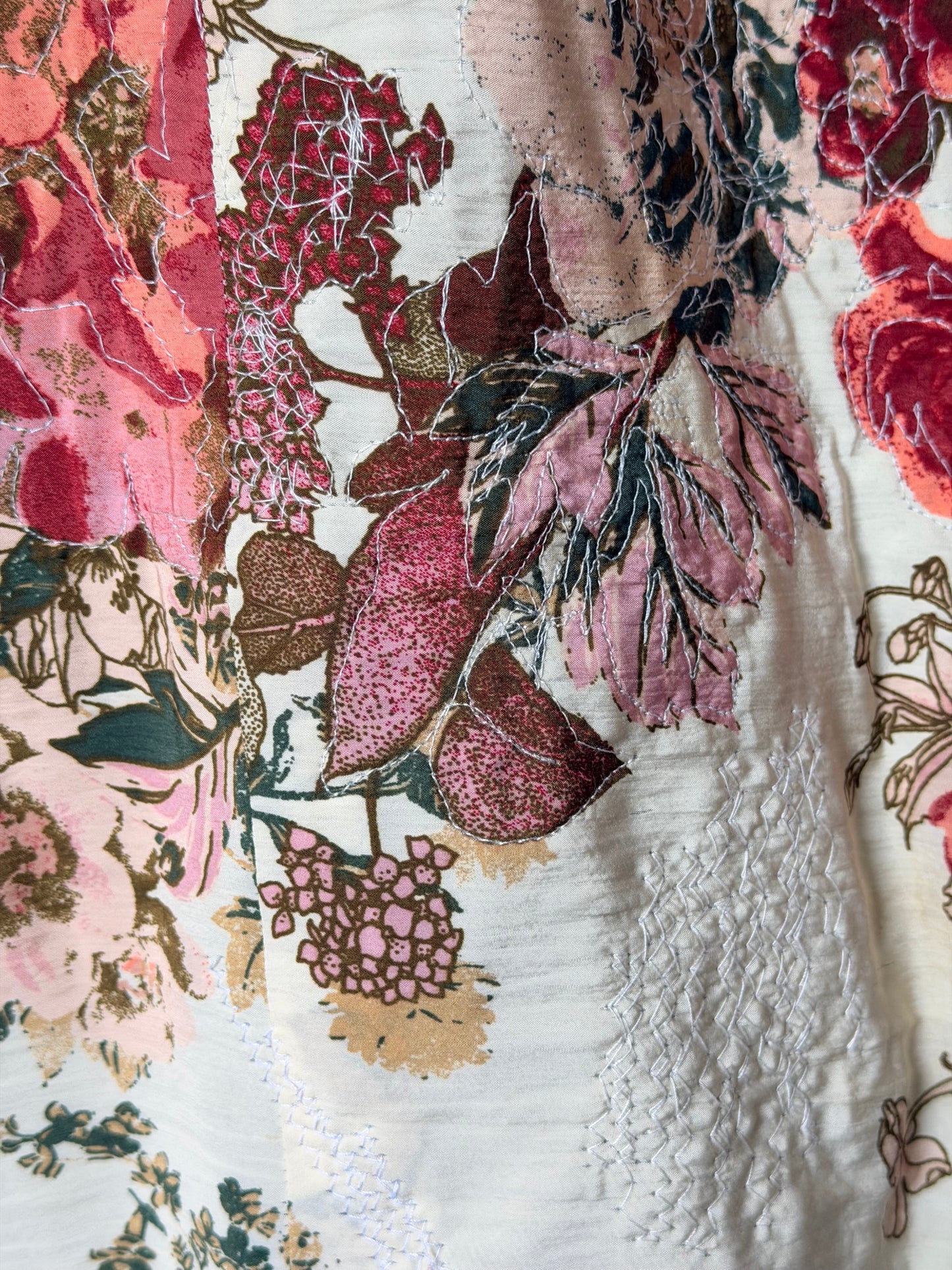 Upcycled Jean jacket, floral jacket, fabric art jacket remade