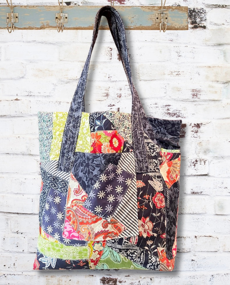 Patchwork tote bag, upcycled fabric tote bag, navy patterned, quilted tote