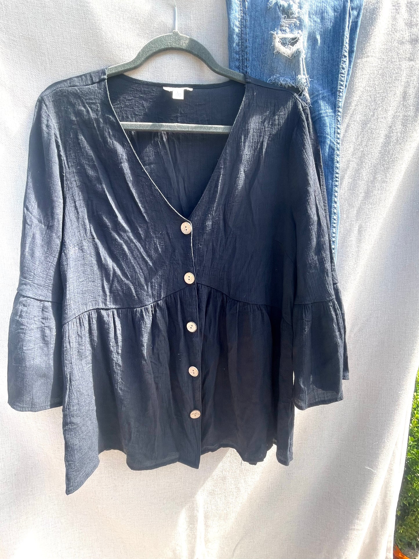 Black flowy top, casual shirt bell sleeves