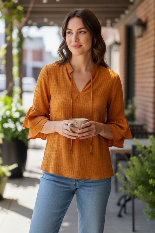 Fall casual top, bell sleeve textured shirt