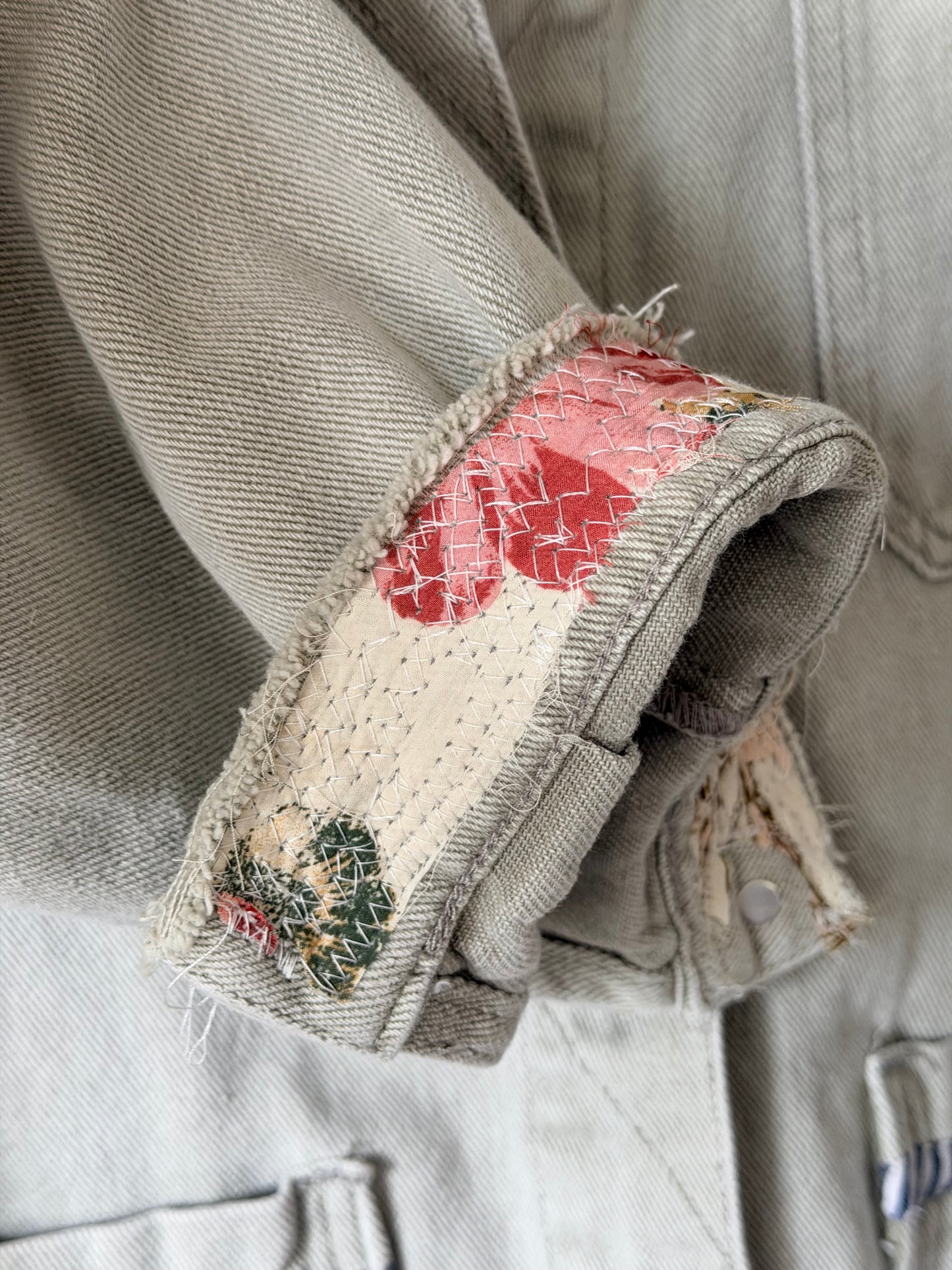 Upcycled Jean jacket, floral jacket, fabric art jacket remade