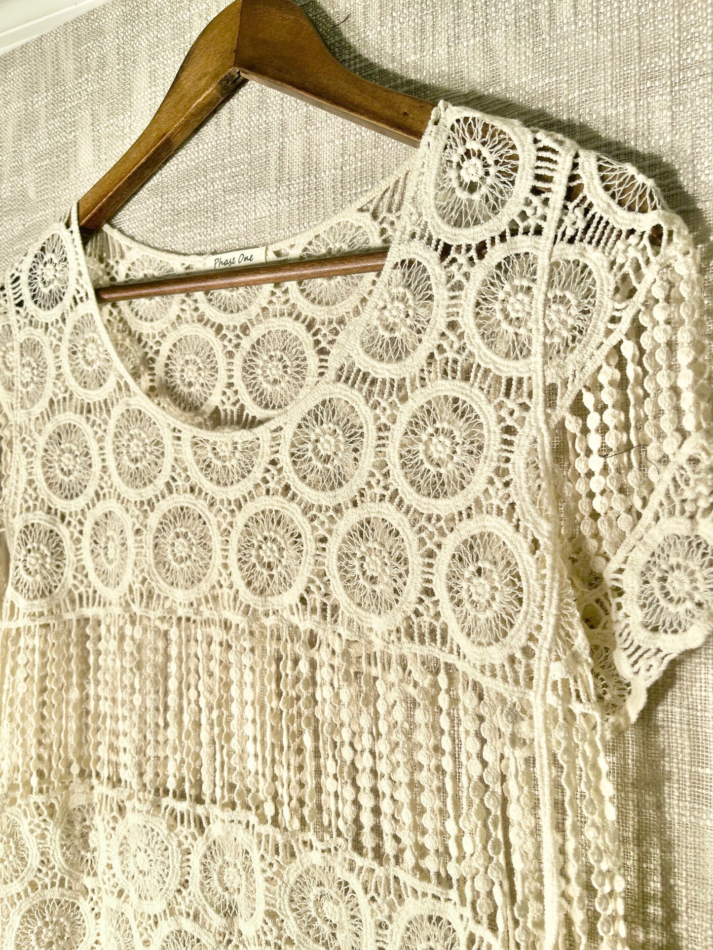 Crocheted cover up bohemian styling, boho lace coverup