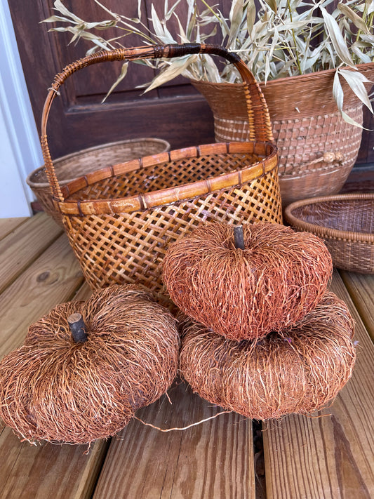 vintage straw pumpkin set of 3, fall pumpkin decor, fall pumpkins, vintage pumpkins